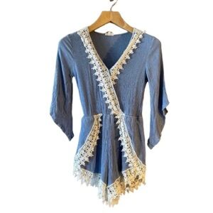 Women's S Tea & Cup White Lace Trim Romper Light Blue Romantic